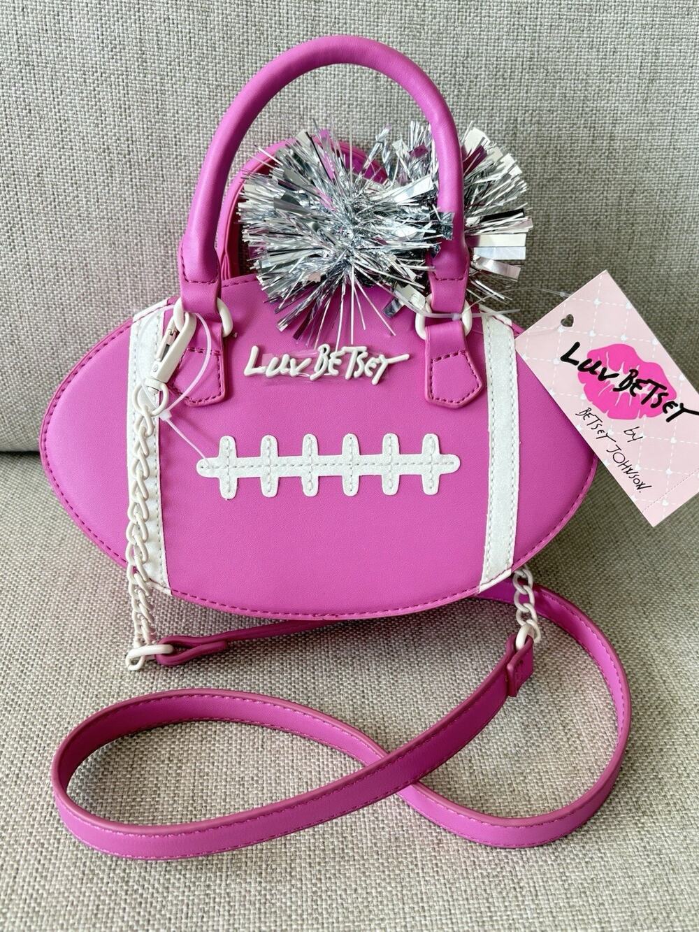 Betsey Johnson Luv Betsey Pink Football Shape Satchel Crossbody Bag Pom-Pom NWT